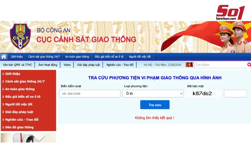 Tra cứu phạt nguội trên website của Cục Cảnh sát giao thông