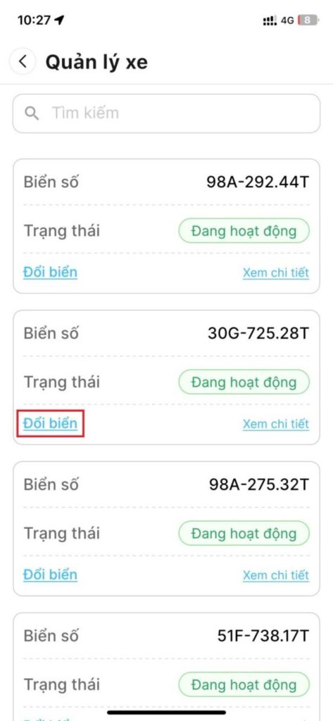 Tại mục “Quản lý xe”, tìm mục “Đổi biển” như ảnh