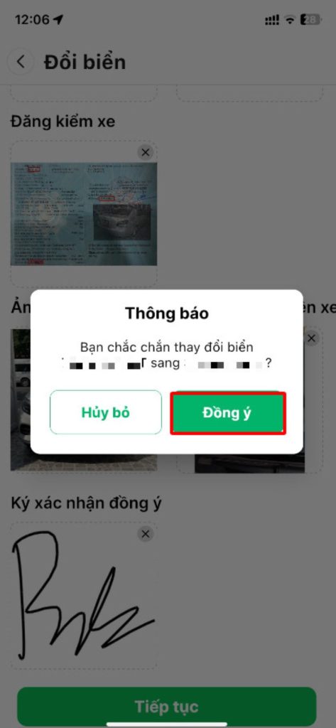 Xác nhận đổi biển từ hệ thống